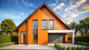 an minimal orange color open gable house, urban, front view two window