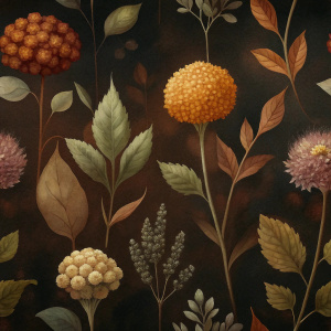 DARK BROWN  background botanic  , watercolor VINTAGE 
 image with dark brown   background , brown  VIBURNUM  , TUMERIC CRASPEDIA ,ASTRANTIA ,hollyhock ,CORTADERIA ,BRASSICA,DAUCUS ,snapdragon,ERYNGIUM, achillea   ,SCABIOSA,STONE LATHYRUS,  achillea, physalis , watercolor, dark brown  background FOR WRAPPING PAPER ROCOCO