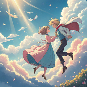 Illustration of Howl and Sophie from 'Howl's Moving Castle'. They are floating in a sky filled with fluffy clouds and beams of sunlight. Bright, soft colors. Dreamy and whimsical style.