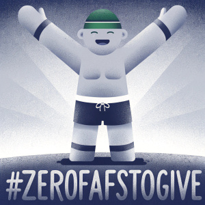 Cartoon illustration of Faf de Klerk, shirtless, with a broad smile. Green cap and simple athletic attire. Bright yellow background. Celebrating Rugby World Cup victory. '#ZEROFAFSTOGIVE' slogan at bottom