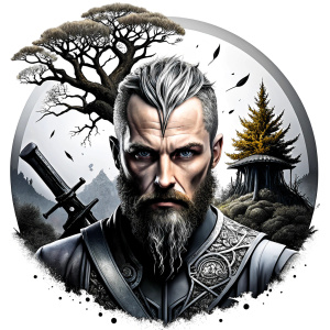 Wikinger mit zwei Gesichtern baum yggdrasil – and weapons high-definition design grey and black, realistic tattoo design, white background