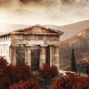 Imagery of the ancient Temple of Athena Pronaia in Delphi, Greece. Stone temple with numerous columns. Nestled atop a hill, encircled by dense forests and towering mountains.