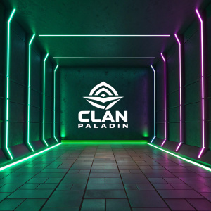 Digital artwork showcasing the Clan Paladin logo. Set against a vibrant neon backdrop, the logo features sleek white lines with glowing green accents. Modern, tech-inspired design.