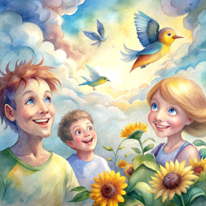 
Men women children laugh the clouds leave flowers buterrflies sunflower birds