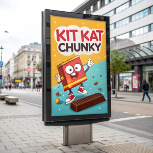 A cartoon character, cheerful and lively, presenting a Kit Kat Chunky bar. The setting is a colorful billboard with animated text.