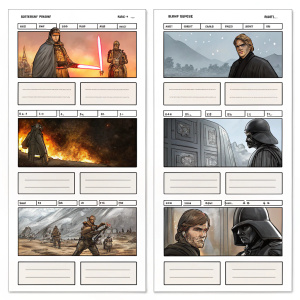 A visual layout showcasing storyboard sketches of Star Wars and Spartacus in a grid format.