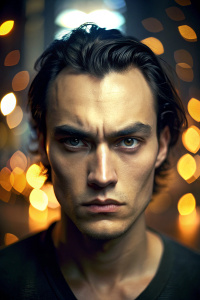 Brandon Lee portrait profile, looking into the camera, professional studio lighting in the face, photorealism, bokeh, New York