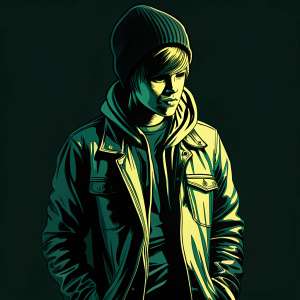 Justin Bieber, wearing a brown leather jacket and a black beanie, standing alone in an empty studio. Soft indoor lighting