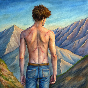 The silhouette of a shirtless young man wearing only denim jeans, his bare upper body revealing a back covered in scars, stood at the summit of the mountain.
