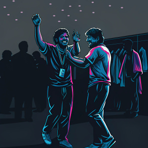 Diego Maradona and Mauricio Pochettino in a vibrant locker room celebration. Dressed in casual attire, they share a joyful moment under the dim, purple-lit environment of a bustling sports facility.