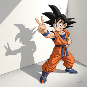 A digital artwork featuring Goku from Dragon Ball. He poses with a peace sign in a computer-generated white space, surrounded by his distinctive shadow.