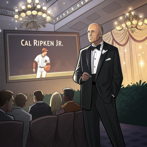 Cal Ripken Jr., in a suit, at a charity gala event. Large screen showing his famous baseball stats.
