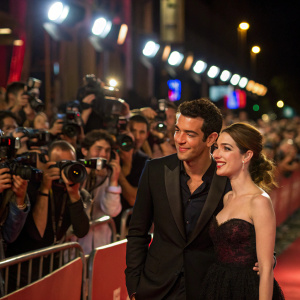 Mario Casas and Maria Valverde attending a movie premiere. Red carpet scene with flashing cameras and fans