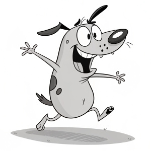 Flat grayscale image of Courage the Cowardly Dog in a dynamic pose, limbs spread out, minimalistic and cartoonish style.