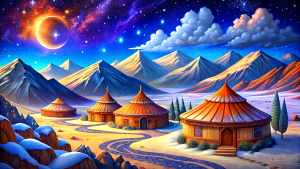 winter Buryatia nature yurts Buddhist palace datsan cosmic sky and Crescent Moon