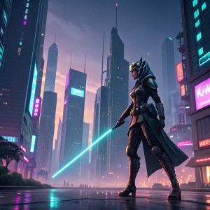 A vibrant illustration of Ahsoka Tano in a futuristic cyberpunk cityscape. She's dressed in sleek, dark armor and wielding a high-tech blaster.