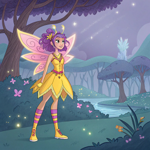 A character from Winx Club, dressed in vibrant yellow and pink attire. She stands confidently, her purple hair adorned with magical elements. Fantasy world background