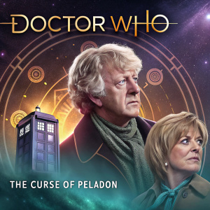 DVD Cover Art for Doctor Who: The Curse of Peladon. Featuring the Third Doctor, Jo Grant, and the royal party of Peladon. Set against a cosmic backdrop with metallic hues and ancient symbols. The TARDIS looms in the distance, casting a mysterious glow.