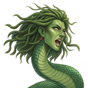 Digital illustration of Dewi Ular. Green snake-like humanoid with long hair and exaggerated facial expressions on white background.