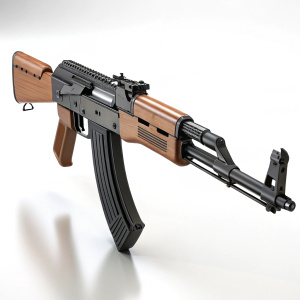 A highly detailed 3D model of an AK47 assault rifle. Modular design with brown and black colors. Rendered against a bright, white background.