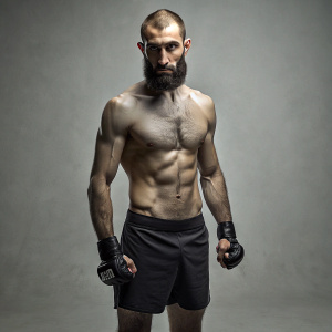 Skinny Dagestani man, with a Muslim beard, short hair, no shirt on, standing in Muay Thai stance, wearing MMA gloves