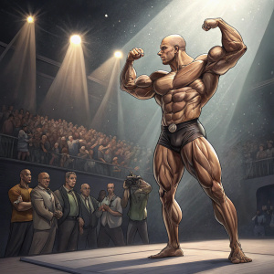 A fitness model, bald, flexing his muscles in a bodybuilding competition.