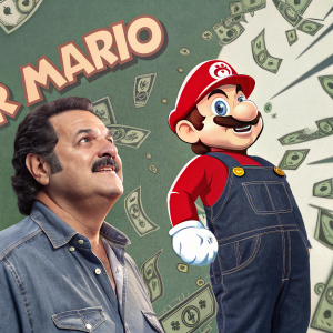 Collage de Mario y un hombre. Fondos de billetes y textos en español.