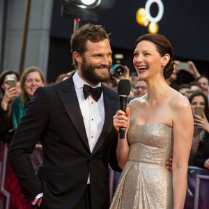 Jamie Dornan and Caitriona Balfe at a star-studded gala. Jamie, in a tuxedo, holds a microphone while Caitriona, in a shimmering gown, grins. They pose against a sea of flashing cameras and cheering fans.