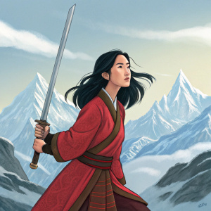 Digital painting of Mulan, fierce expression, holding sword. Snow-capped mountains in the background.