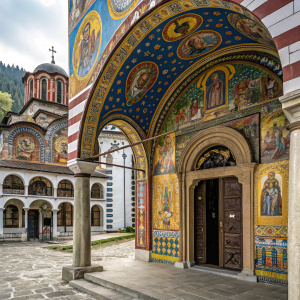 At the entrance of Rila Monastery in Bulgaria, ornate frescoes depict religious scenes with vibrant hues of gold, blue, red, and yellow. The Byzantine-inspired artwork is the focal point.