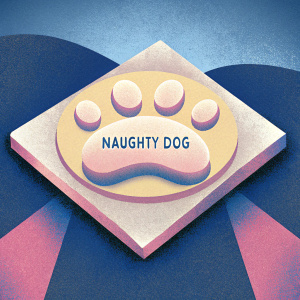 Naughty Dog logo with playful paw print design. White paw print on dark blue background.