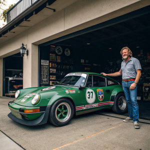 David Cowart stands next to a classic 1978 Porsche 911 Carrera RSR 3.0. The car is parked in front of a garage with racing memorabilia. Green paint job and IMSA GTO Champion stickers adorn the vehicle.