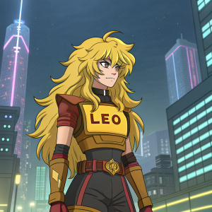 Leo, a bold and confident female warrior. Anime style character inspired by the Leo zodiac sign. She has long wavy yellow hair and a distinctive outfit featuring brown, yellow, and red colors. The name 'Leo' is emblazoned on her armor. Background is a futuristic cityscape.