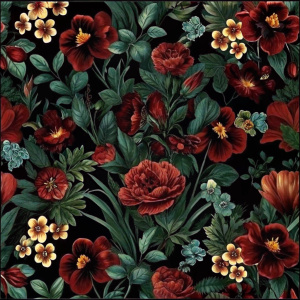 floral print with irises, pions and violets