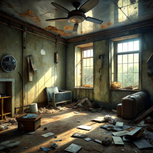 A dilapidated room with no windows, where abandoned homeless people live. 2 beds on the floor. Everywhere is dirty and messy. The wall plaster is peeling off, the wallpaper on the right wall is peeling off. A large old fan is hanging from the ceiling.