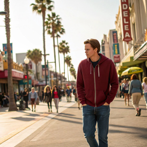 Bill Skarsgård walking down a vibrant street in Los Angeles. He's wearing a maroon hoodie and jeans. Surrounded by people in summer wear, a sunny background.