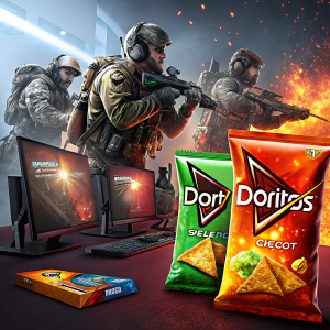 Digital ad for Doritos featuring colorful snack packs and Call of Duty characters in a gaming scene.