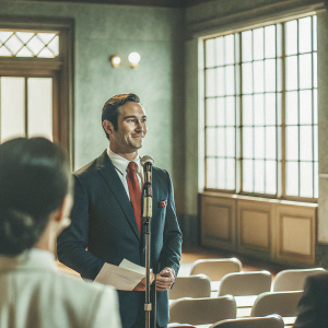 Frank Lampard in a press conference. Dressed in a sharp navy suit with red tie.
