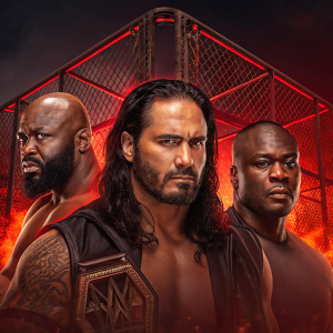 Promotional poster for WWE Hell in a Cell 2021. Muscular man with long dark hair, bald African American man, and diverse group of wrestlers. Intense expression, surrounded by fiery, cage-like structure.