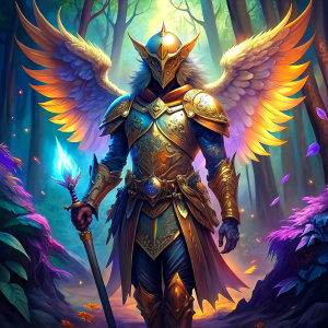 Knight with golden and white Armor and white Angel Wings and purple glowing Sword and Sheeld in his hand standing in foggy rainforest