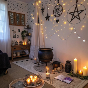 Room where live the witch , helios style, stars , sparkling, realistic photo , magic things around