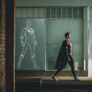 Digital art of a superhero resembling Superman. Side profile, showcasing detailed anatomy and iconic emblem. Simplified black and white palette, stark white figure against charcoal backdrop.