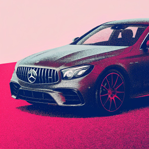 High-tech digital rendering of the latest Mercedes-Benz E63 AMG. Sleek, modern design with angular features and prominent grille. Muted gray tones. Aerodynamic and metallic design elements.