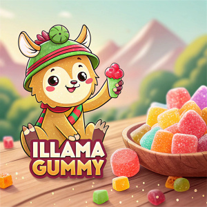 Illustration featuring 'Illama Gummy' brand with mascot design elements, text in Spanish.