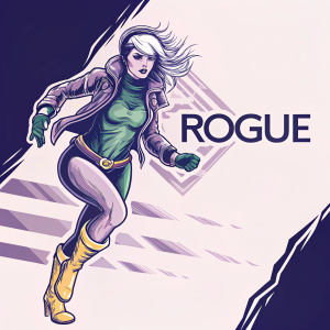 Digital art showcasing Rogue from Marvel Comics. Character standing in dynamic pose. Pale white hair, green bodysuit, brown jacket, yellow boots. Logo 'ROGUE' beside her.
