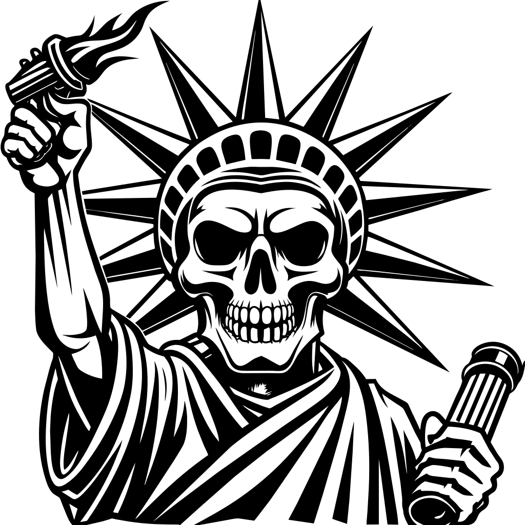 SKULL FACE OF STATUE OF LIBERTY HOLDING A CIGAR IN HER HAND, ANGRY. CARTOON STYLE, FULL BODY, silhouette vector for t-shirt concept design, pen drawing, 2d design, clean lines, sketch style, profesinal vector, clipart, sticker style, background white, simple lines, "no background", stencil style.