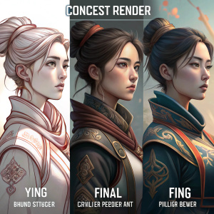 Concept art progression of Ying, from initial sketches to detailed final render. Different stages showcased