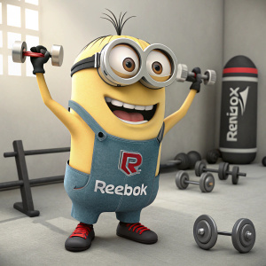 A Minion from Despicable Me doing a gym pose, Reebok logo visible
