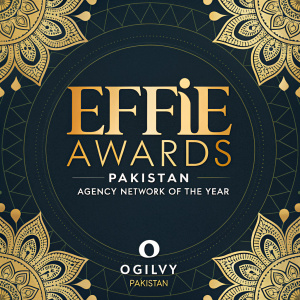 Golden logo design for Effie Awards Pakistan. Prominent text 'Effie Awards Pakistan' and 'Agency Network of the Year Ogilvy Pakistan' on a dark background with intricate gold patterns.