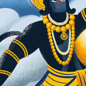 Oil painting of Hanuman, the divine monkey god, in an elegant and ornate attire. Richly colored garments and jewels adorn his figure. Vibrant hues of gold, jewel tones and intricate patterns characterize the artwork. Depicted in a dynamic pose with a muscular build and ornate accessories, the painting embodies the traditional Indian art style with its vivid colors and meticulous detailing.